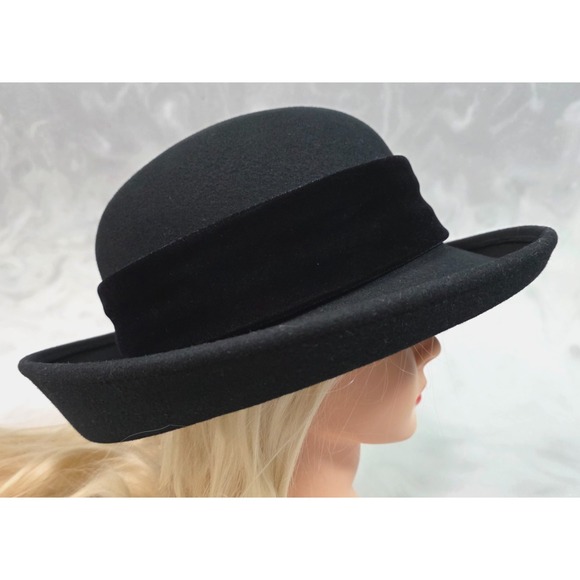 Scala USA Vintage Black Wool Felt Cloche Rose Hat 21" 1920s Gatsby Style 80s 90s - Picture 5 of 14